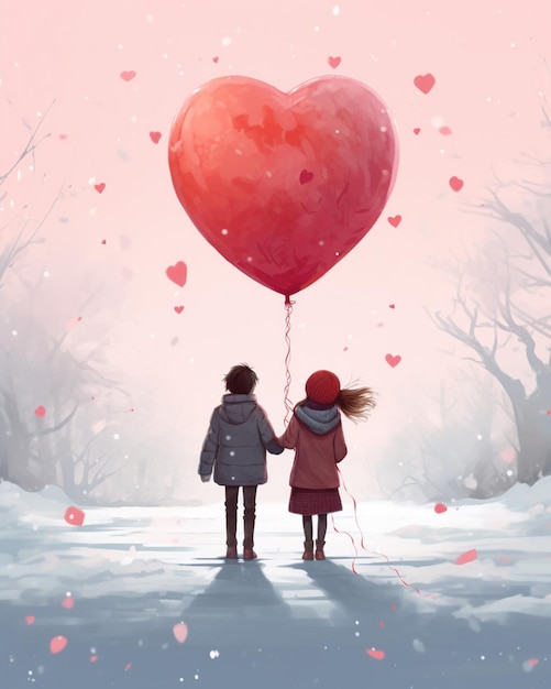 Crianças de São Valentim segurando um balão de coração com fundo de neve Imagem gerada por IA