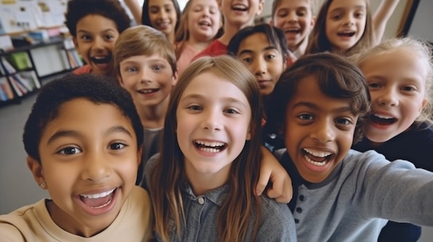 Crianças de um grupo variado de ensino médio sorriem para a câmera enquanto estão sentadas na sala de aula Jovens multiétnicos legais rapazes e raparigas amigos sorrindo enquanto posam para uma selfie de grupo GENERAR IA