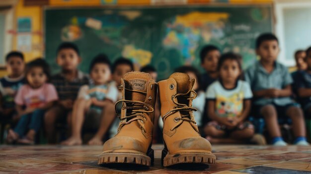 Crianças de várias etnias aprendem juntos um par de botas de trabalho vazias que simbolizam a luta contra o trabalho infantil