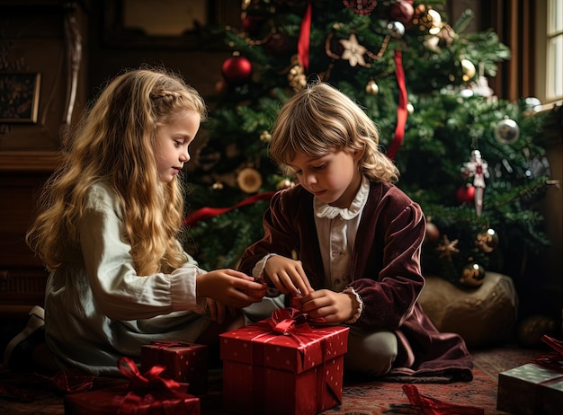 Crianças desempacotando presentes de Natal Crianças abrindo presentes durante as férias de inverno IA gerada