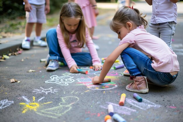 Crianças desenhando com giz na calçada do parque