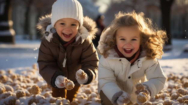 crianças desfrutando da temporada de inverno de Natal brincando na neve vestindo ternos