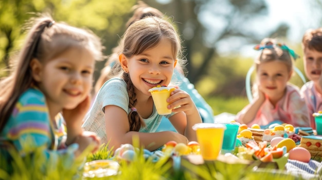 Crianças desfrutando de um piquenique na grama compartilhando comida e sorrisos