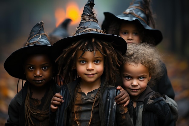 Foto crianças disfarçadas celebrando o halloween crianças de raça mista asiáticas e caucasianas na rua outono