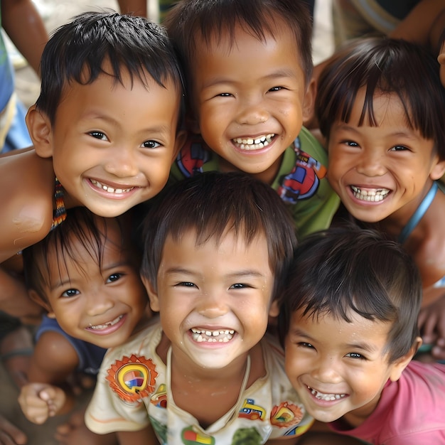 Crianças diversas, sorrisos radiantes, alegria e risos multiculturais.