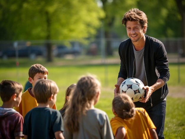 Crianças do ensino fundamental e professor sentado com bola no campo