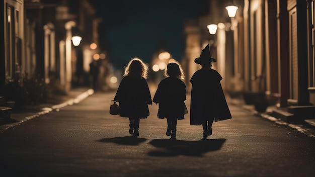 crianças do Halloween em fantasias de fantasmas e chapéus pontudos de bruxa andam pela rua fotorrealismo noturno