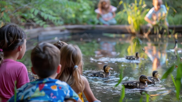 Crianças do jardim de infância observando patos na lagoa explorando a vida selvagem e a natureza com entusiasmo e