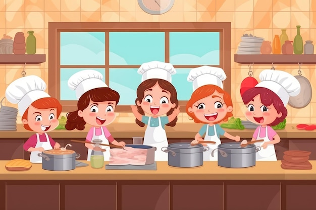 Foto crianças dos desenhos animados cozinhando na cozinha generative ai