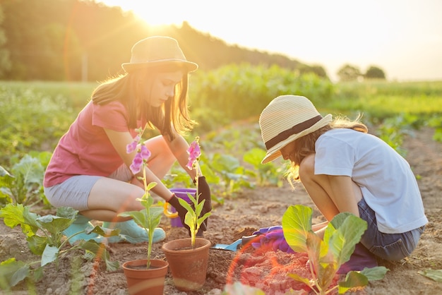 Crianças duas lindas meninas em chapéus com flores em vasos, luvas com ferramentas de jardim, plantação de plantas no solo. Paisagem de fundo primavera verão, natureza, céu