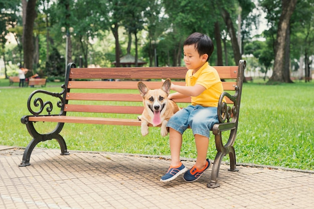 Crianças e cães ao ar livre. Menino asiático curtindo e brincando no parque com seu adorável Pembroke Welsh Corgi.