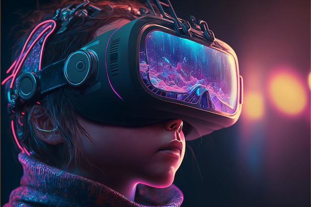 Crianças e metaverso Criança com fone de ouvido VR no mundo da fantasia realidade virtual do mundo cibernético O futuro da geração infantil alpha Metaverso conceito de tecnologia digital Generative AI