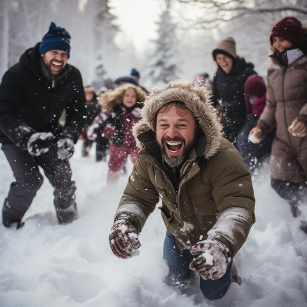 Crianças e pais rindo durante luta de bolas de neve na floresta