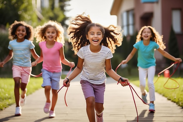 Foto crianças elementares felizes brincando juntos com corda de salto ao ar livre rindo