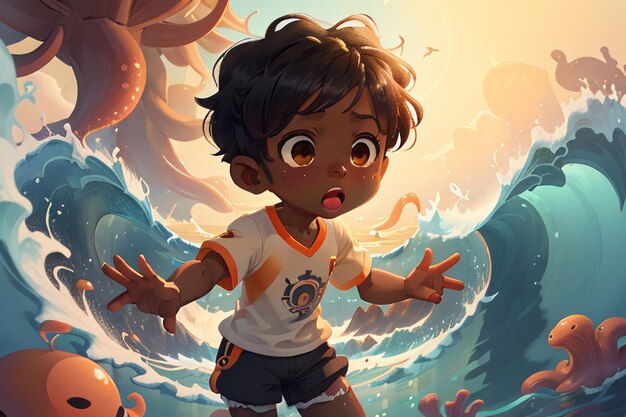 Crianças em enormes ondas do mar desenho animado personagem de anime imagem papel de parede ilustração de fundo