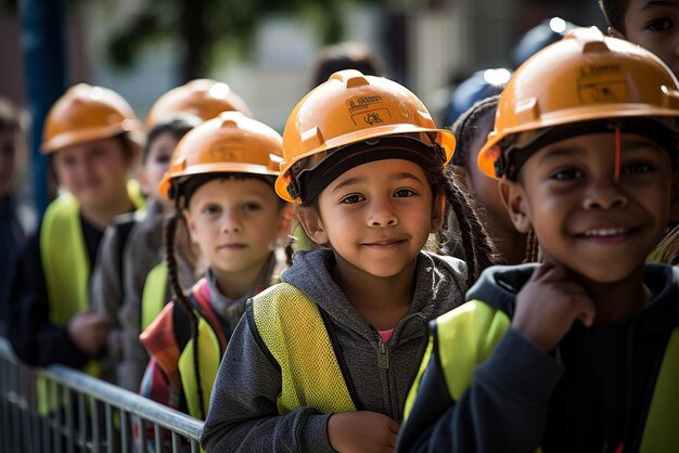 Crianças em excursões com capacetes de construção protetores