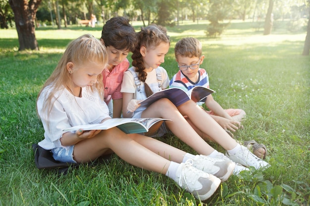 Crianças em idade escolar estudando ao ar livre na grama do parque público