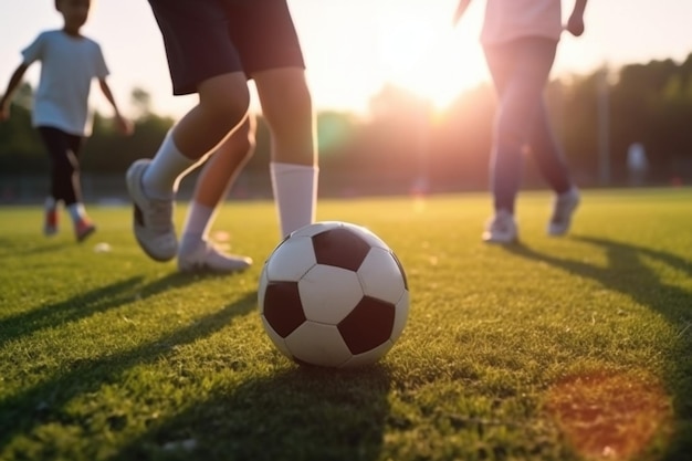Crianças em idade escolar irreconhecíveis jogam futebol jogo de treinamento de futebol com treinador