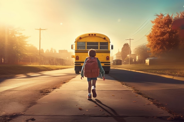 Foto crianças em idade escolar usando mochilas caminham em direção a um ônibus escolar para levá-las à aula de volta à escola