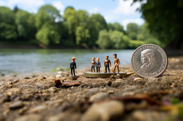 Crianças em miniatura em pé sobre moedas de euro