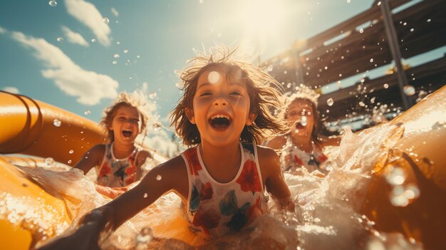 Crianças em um toboágua no parque aquático nas férias de verão Generative Ai