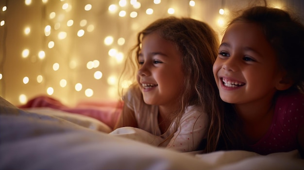 Crianças em uma festa de pijama rindo e sussurrando em uma sala iluminada por luzes de fadas