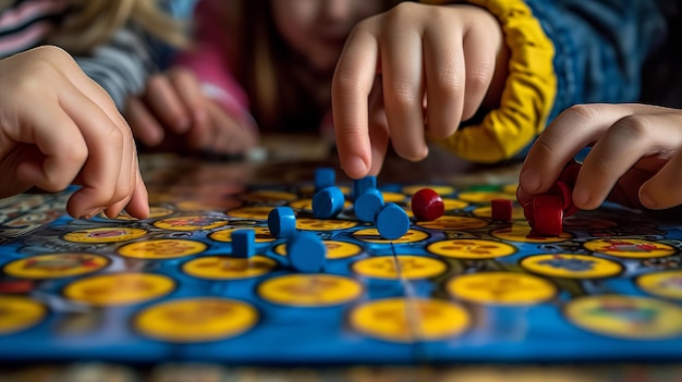 Foto crianças entusiasmadas jogando um jogo de tabuleiro concentradas no close de suas mãos e nas peças do jogo