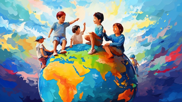 Crianças escalando globo comemorando o Dia Mundial da Criança com arte