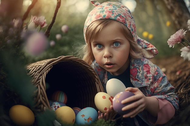 Crianças espantadas ao encontrar uma cesta com ovos de páscoa pintados em uma floresta gerada por Ai