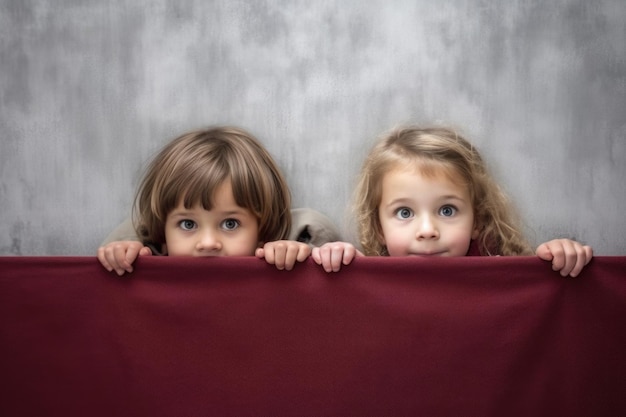 Foto crianças espiando por uma parede em branco