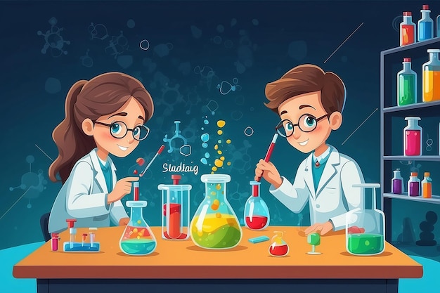 Crianças estudam química em laboratório Ilustração vetorial Desenho plano