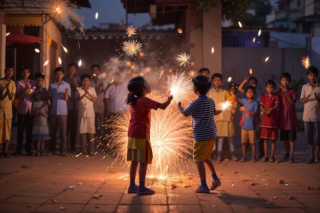 crianças explodindo fogos de artifício durante as celebrações do Diwali Fogos de artifício do Diwali Imagens do Diwali