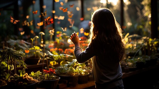 Crianças explorando um jardim de borboletas em seus