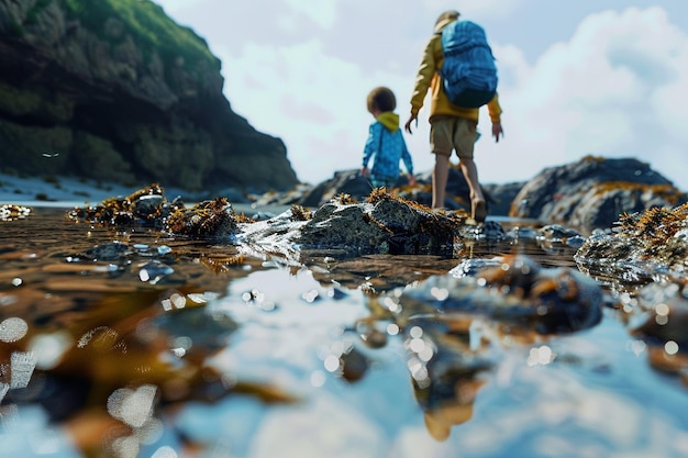 Foto crianças explorando uma piscina de maré rochosa e descobrindo m
