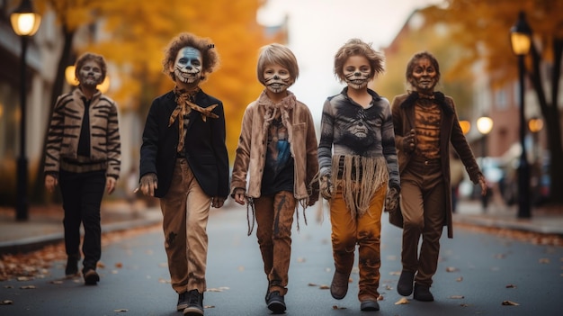 Crianças fazem truques ou doces disfarçadas de Halloween. Feliz Halloween.