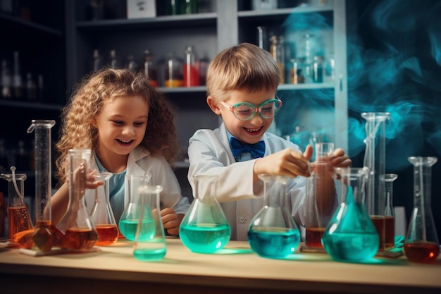 Crianças fazendo pesquisas no laboratório