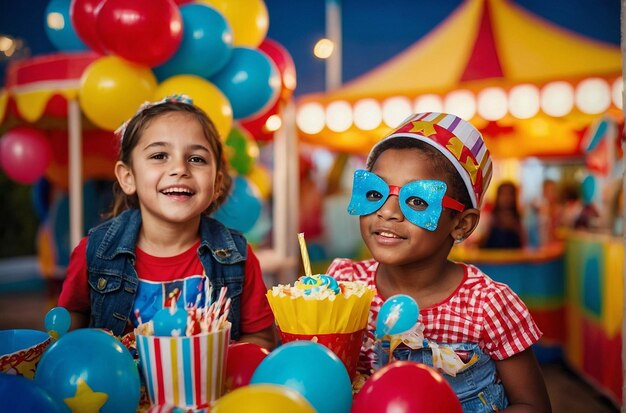 Foto crianças fazendo uma festa de aniversário com tema de carnaval