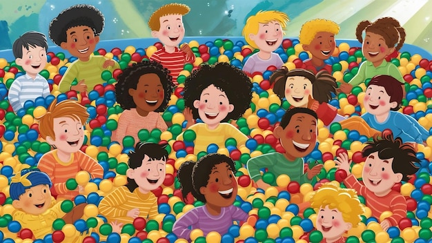 Crianças felizes a brincar no poço de bolas.