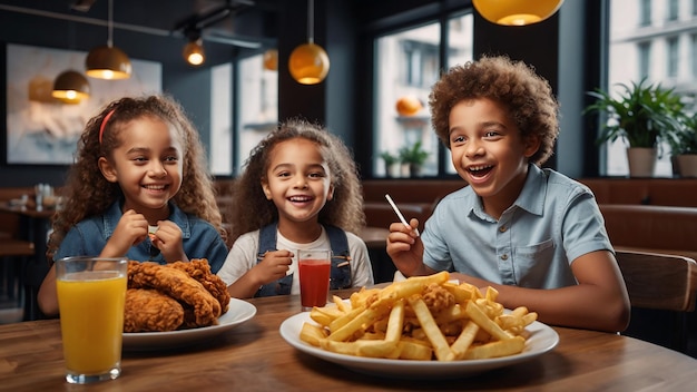 Crianças felizes a comer frango frito e batatas fritas num restaurante moderno.