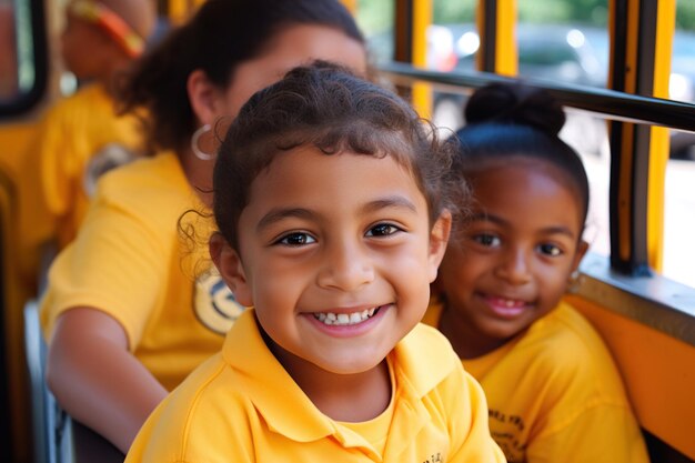 Crianças felizes a embarcar no autocarro para a escola de verão