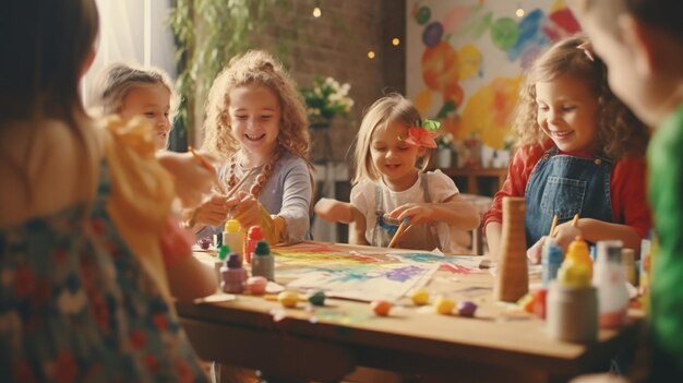 Foto crianças felizes a fazer artes e ofícios na creche.