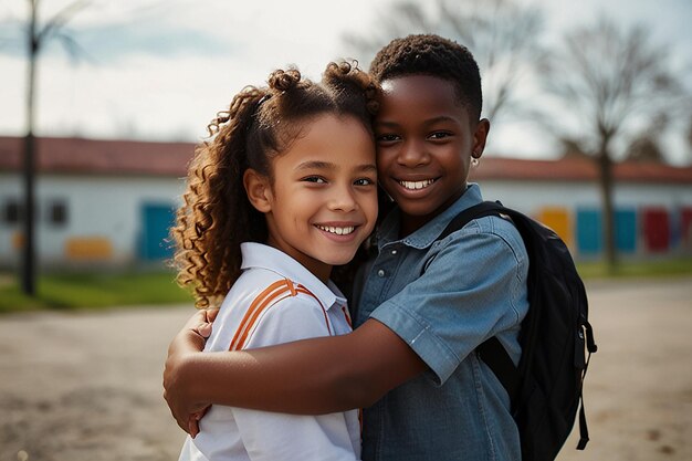 Foto crianças felizes abraçando-se e sorrindo no pátio da escola primária