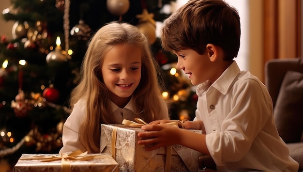 crianças felizes abrindo caixa de presente na árvore de natal na sala de estar