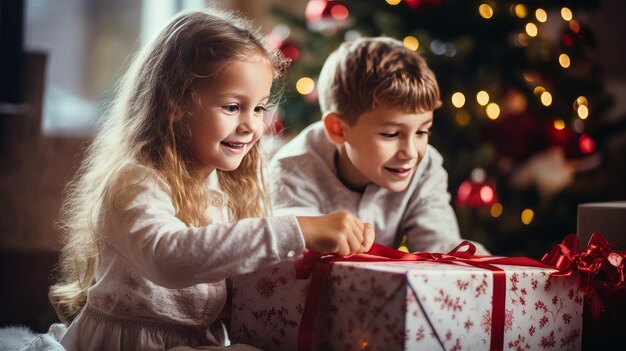 Crianças felizes abrindo presentes de Natal Feliz Natal e Feliz Ano Novo conceito