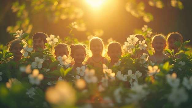 Crianças felizes brincando em um campo de flores em um dia ensolarado