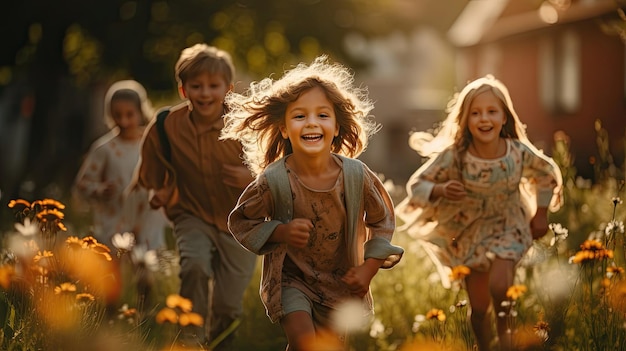 Crianças felizes brincando lá fora e se divertindo juntos no verão no pôr do sol um grupo de amigos alegres caminhando no parque verde e se abraçando Crianças e conceito de amizade
