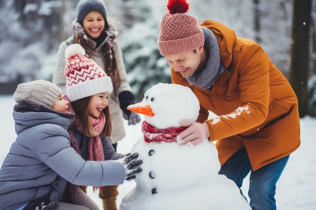 Crianças felizes brincando na neve com os pais