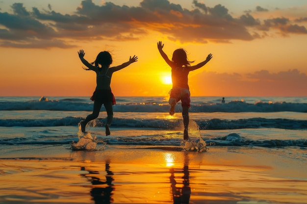 Crianças felizes brincando na praia ao nascer do sol silhuetas de crianças na praia férias de verão