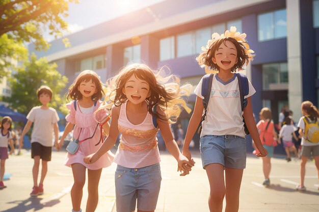 Foto crianças felizes brincando nas ruas da cidade em um dia ensolarado de verão em frente ao edifício moderno grupo de crianças ou adolescentes felizes se divertindo juntos conceito de amizade infância férias de verão