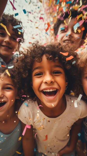 Foto crianças felizes celebram aniversário juntos com confeti ia geradora